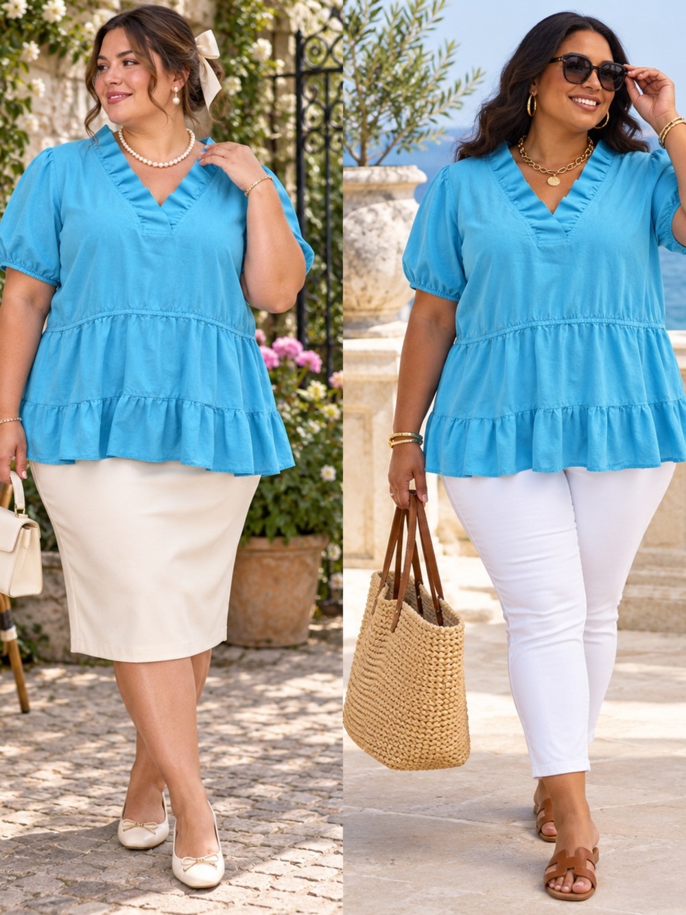 Crown & Ivy 3X Turquoise Tencel Ruffle V-Neck Tiered Blouse